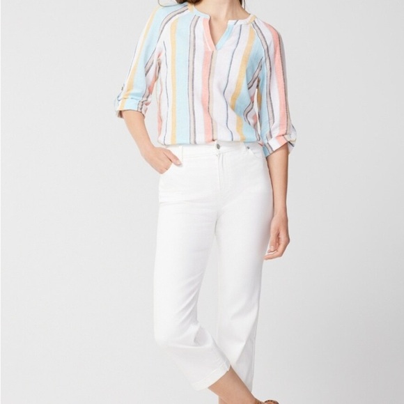 Chico’s Light Stripe Linen-Blend Popover Top Size 2/M - Picture 4 of 5